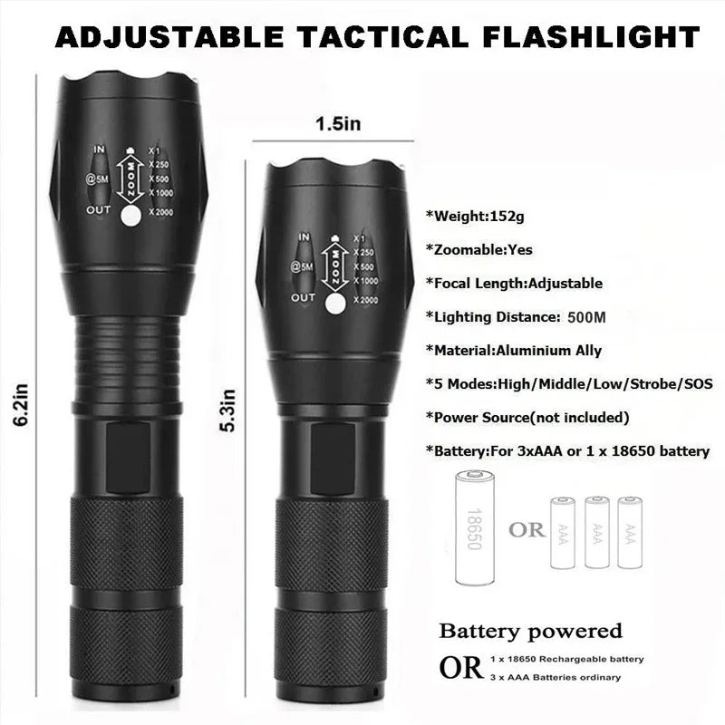Linterna LED T6 Alta Potencia - 5 Modos, Zoom, Pilas AAA o 18650