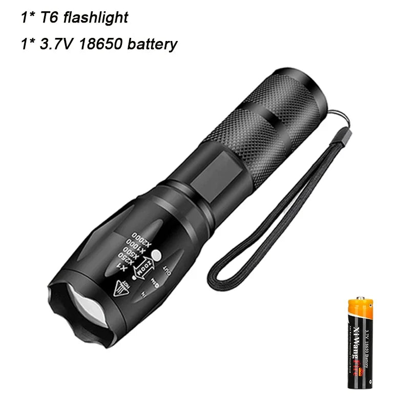 Linterna LED T6 Alta Potencia - 5 Modos, Zoom, Pilas AAA o 18650