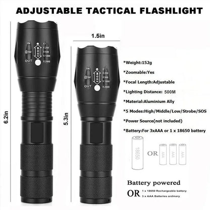 Linterna LED T6 Alta Potencia - 5 Modos, Zoom, Pilas AAA o 18650
