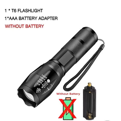 Linterna LED T6 Alta Potencia - 5 Modos, Zoom, Pilas AAA o 18650